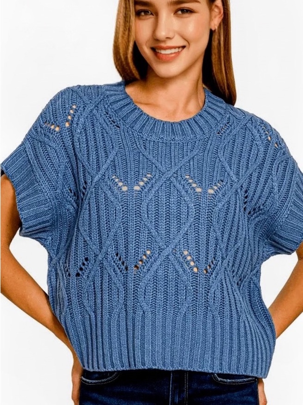 Zenana Outfitters Dusty Blue Cable Knit Short Sleeve Sweater